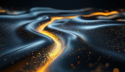 Poster - Golden Particles Flowing on Dark Blue Fabric: Abstract Motion Background with Shimmering, Glittering Effects, Luxurious and Elegant Design for Visuals