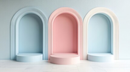 Wall Mural - Three pastel arched niches with cylindrical platforms.