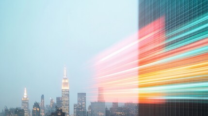 Poster - City Skyline with Abstract Light Streaks Representing Economic Flux