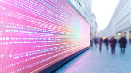 Poster - Urban Stock Market Display Under Vibrant City Lights People Walking Beneath Economic Data