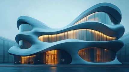 Poster - This modern building features a striking curve pattern on its facade, illuminated by soft light, creating a dramatic atmosphere during twilight