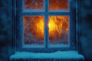 Poster - Close-up of intricate ice patterns on window illuminated by warm indoor light