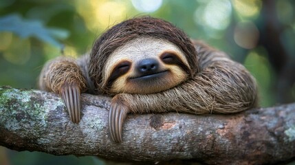 Poster - A gentle sloth enjoys a peaceful moment while hanging on a sturdy tree branch. Sunlight filters through the leaves, highlighting its adorable features and serene expression, embodying nature's calm