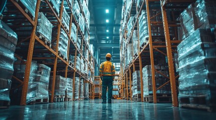Aufkleber - A skilled engineering team assesses operational workflow in a spacious warehouse filled with organized pallets. The vibrant lighting enhances the atmosphere of productivity and innovation