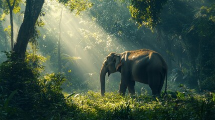 Poster - In the enchanting forest of Surin, an elephant gracefully roams amidst lush greenery, bathed in a gentle glow of sunlight filtering through the trees, creating a serene atmosphere