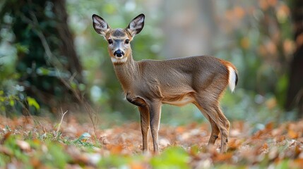 Poster - A curious roe deer doe stands gracefully among fallen leaves, gazing at its surroundings with inquisitive eyes. Morning light filters through trees, enhancing the serene beauty of the forest