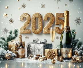 Wall Mural - golden 2025 sparkling among christmas decorations and champagne bottle