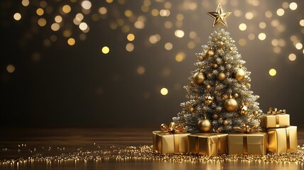 Wall Mural - golden christmas tree sparkling with festive lights and gifts