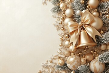 Wall Mural - golden christmas bells and bow hanging on decorated christmas tree