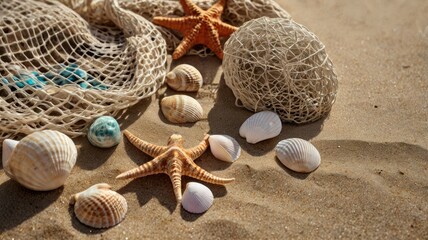  Beach clothing with seashells and fishing net on sand 
