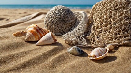  Beach clothing with seashells and fishing net on sand 