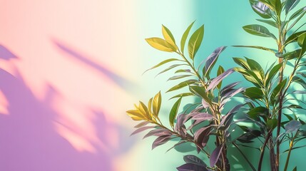 Wall Mural - A plant casts a shadow on a pink and green wall.
