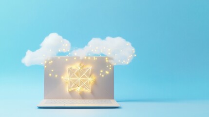Poster - Minimalist Paper Laptop with Fairy Lights on Blue Cloudy Background
