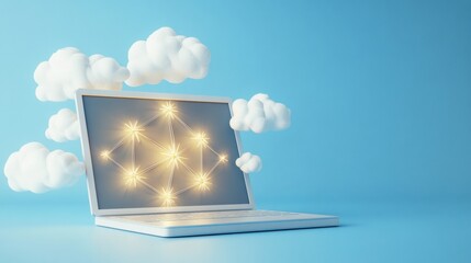 Poster - Futuristic Paper Laptop Mockup with Fairy Lights Against Cloudy Blue Background