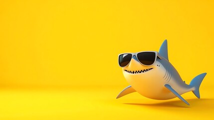 Wall Mural - A cartoon shark wearing sunglasses against a yellow background.