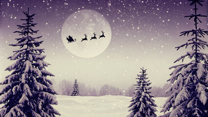 Wall Mural - Snowy night background with a silhouette of Santa Claus flying across the moon, framed by twinkling stars, softly falling snow, and the glow of distant lights on the horizon