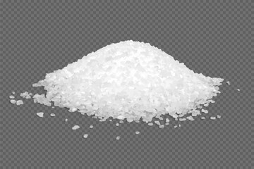 Sea salt pile isolated on transparent background. Heap of sugar on table. White grain crystals. Natural mineral for cooking, bath, spa. Realistic vector illustration