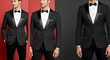 © Arceli - Mens black tuxedo jacket one button with satin lapels casual fit worn with black chinos red background