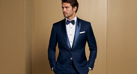 mens navy blue tuxedo with satin lapels and fitted design paired with dark chinos gold background