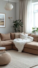 Aufkleber - A large comfortable brown corner sofa invites relaxation, complemented by a fluffy blanket and surrounded by lush greenery in a beautifully lit modern space