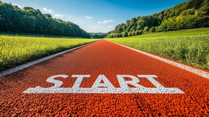 a vibrant red track with a start line amidst lush greenery, symbolizing the beginning of a journey.