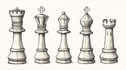 Five chess pieces stand in a row against a white background.  The rook, queen, bishop, king, and knight are depicted in a detailed pencil sketch.