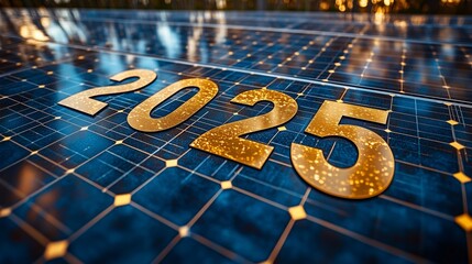 golden 2025 shines on solar panels, symbolizing innovation and future renewable energy.