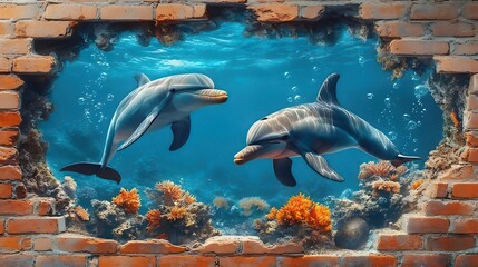 Two dolphins swim in a vibrant coral reef, viewed through a hole in a brick wall.