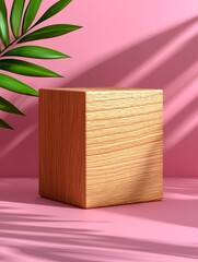 Wall Mural - A wooden block sits on a pink surface, surrounded by shadows and green leaves, creating a modern and minimalist aesthetic.