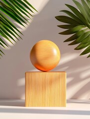 Wall Mural - A minimalistic design featuring a wooden sphere atop a textured cube, surrounded by tropical leaves, creating a serene and modern aesthetic.