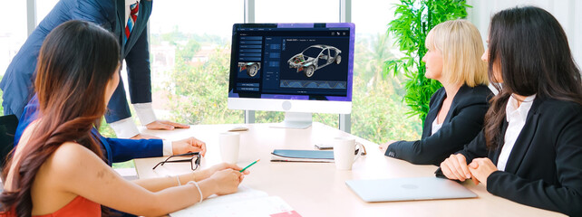Poster - electric car design software on computer screen showing simulation blueprint snugly by digital calcu