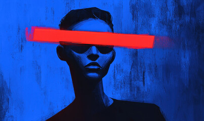 Poster - Abstract Portrait with Bold Red Accent on Vibrant Blue Background
