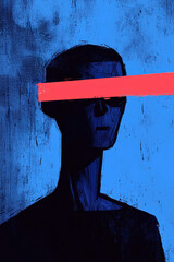 Poster - Abstract Digital Art of Silhouette with Red Neon Bar on Blue Background