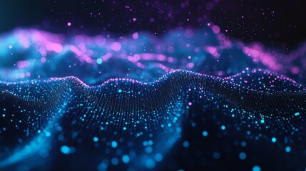 abstract blue and purple digital waves, futuristic glowing dots, vibrant light art