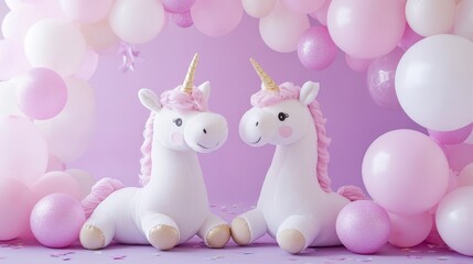 Wall Mural - Unicorn plushies with pink balloons, cute magical unicorn decorations, pastel purple background