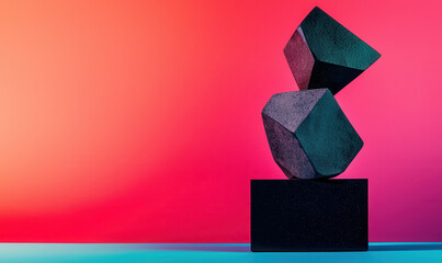 Poster - Modern Abstract Sculpture Against Vibrant Gradient Background in Pink, Red, and Blue