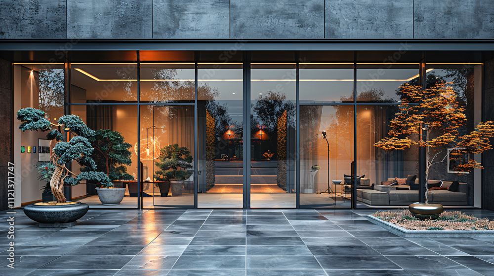 View of Entrance of a luxurious rooftop bar with panoramic city views ...