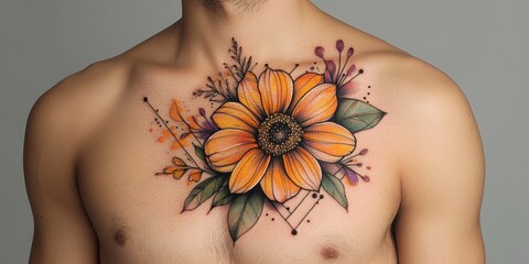 Wall Mural - Vibrant floral tattoo gracefully adorns the chest of a man showcasing artistry and self-expression