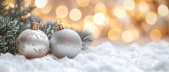 Poster - Elegant Christmas ornaments on a snowy background