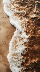 Poster - Soft mocha sand meets foamy ocean waves, creating a beautiful contrast at the shore. The tranquil moment captures the essence of a peaceful evening by the sea