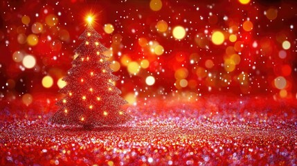 Fototapete - Festive Christmas tree design with bright lights on a vibrant red glitter-filled background for holiday celebration