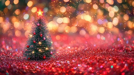 Fototapete - Festive Christmas tree design with bright lights on a vibrant red glitter-filled background for holiday celebration