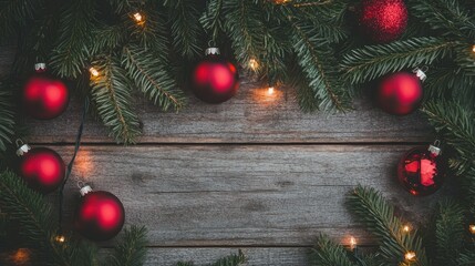 Fototapete - Festive green banner with fir branches, glowing string lights, and bright red ornaments resting on rustic wooden planks