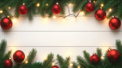 Fototapete - Festive green banner with fir branches, glowing string lights, and bright red ornaments resting on rustic wooden planks