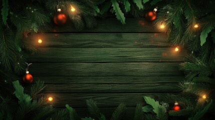 Fototapete - Festive green banner with fir branches, glowing string lights, and bright red ornaments resting on rustic wooden planks