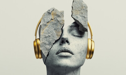 Poster - Surreal Stone Sculpture with Gold Headphones on Neutral Background