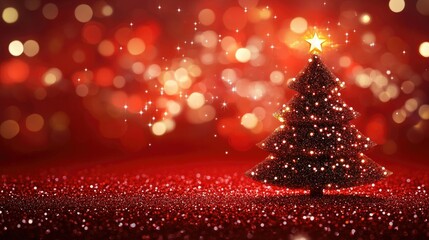 Fototapete - Minimalist glowing Christmas tree centered on a vivid red background with glittering sparkles for a festive mood