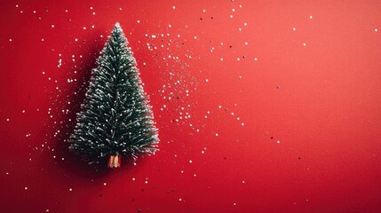 Fototapete - Minimalist glowing Christmas tree centered on a vivid red background with glittering sparkles for a festive mood