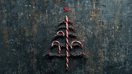 Fototapete - Modern minimalist Christmas tree and candy canes artfully arranged on a dark textured surface for a festive touch