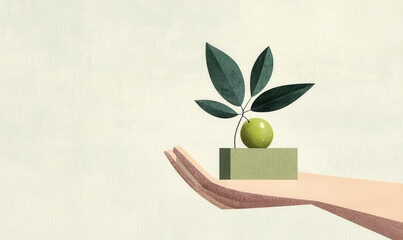 Poster - Minimalist Illustration of Hand Holding Green Plant with Leaves on Light Background